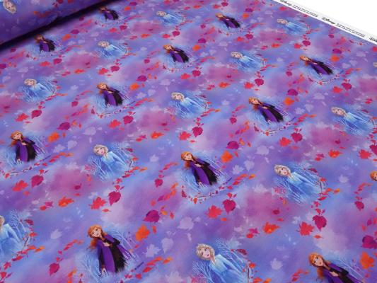 Stoff Baumwolle Jersey mit Disney's Eiskönigin Frozen Anna Elsa Design blau lila orange bunt Kinderstoff Kleiderstoff Lizenzstoff