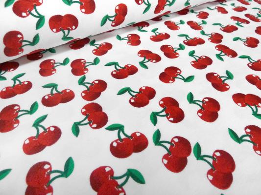 Stoff Baumwolle Jersey Kirschen Design weiß rot grün Kleiderstoff Kinderstoff