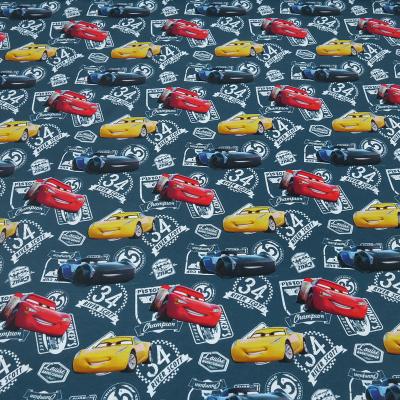 Cotton jersey fabric with Disney Cars Lightning McQueen River Scott design, gray, red, yellow, white, colorful, clothing fabric, children's fabric, licensed fabric