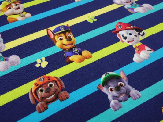 Fabric cotton jersey license print Paw Patrol dark blue colorful striped children's fabric dress fabric