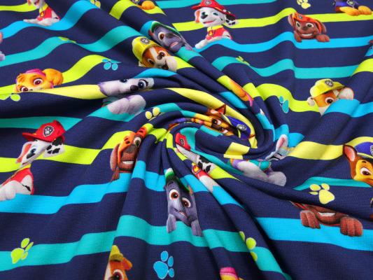 Fabric cotton jersey license print Paw Patrol dark blue colorful striped children's fabric dress fabric