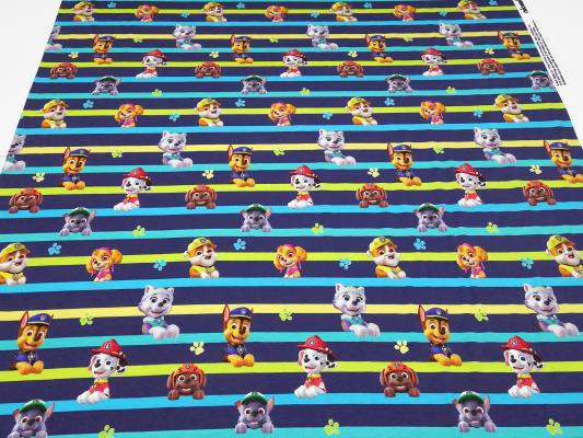 Fabric cotton jersey license print Paw Patrol dark blue colorful striped children's fabric dress fabric