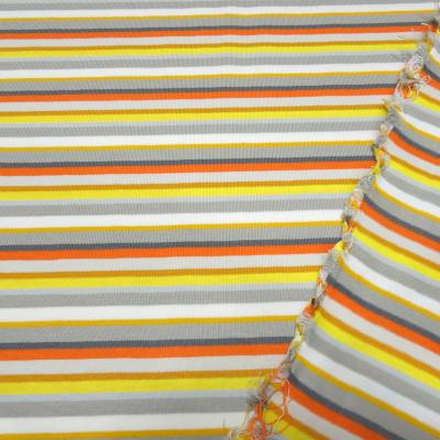 Stoff Baumwolle Jersey mit bunten Streifen Design gelb orange weiß grau taupé bunt gestreift Kleiderstoff Kinderstoff