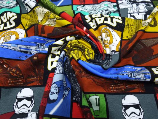 Fabric cotton jersey with Star Wars comic design red yellow green colorful children's fabric dress fabric