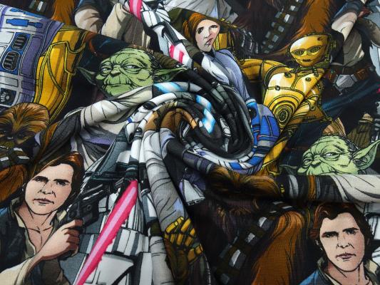 Stoff Baumwolle Jersey mit Star Wars 2 Comic Figuren Design schwarz weiß bunt Kinderstoff Kleiderstoff