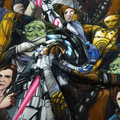 Stoff Baumwolle Jersey mit Star Wars 2 Comic Figuren Design schwarz weiß bunt Kinderstoff Kleiderstoff