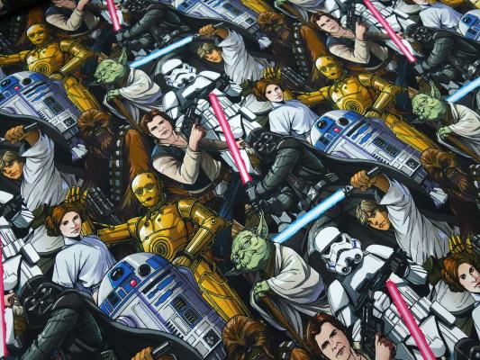 Stoff Baumwolle Jersey mit Star Wars 2 Comic Figuren Design schwarz weiß bunt Kinderstoff Kleiderstoff