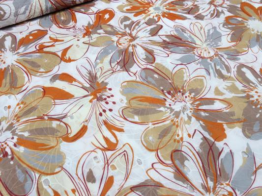 Stoff Baumwolle Lochstickerei Blumen weiss terracotta braun grau Blusenstoff Kleiderstoff
