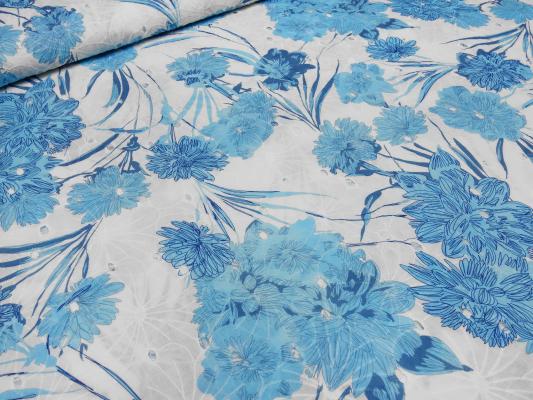 Fabric cotton perforated embroidery with floral pattern design white turquoise blue dress fabric blouse fabric