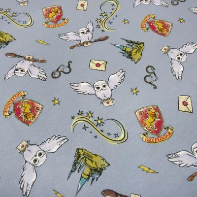 Fabric cotton jersey license print Harry Potter Hedwig owl grey blue red grey colorful children's fabric dress fabric