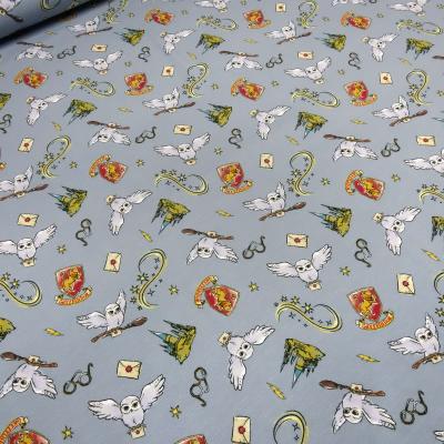 Fabric cotton jersey license print Harry Potter Hedwig owl grey blue red grey colorful children's fabric dress fabric