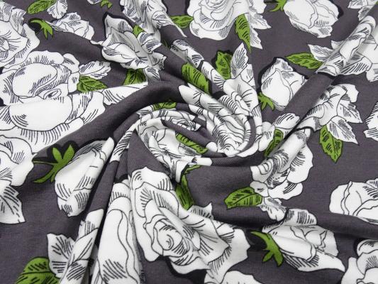 Stoff Viskose Jersey Blumen Rosen Design weiß taupé grün geblümt Kleiderstoff