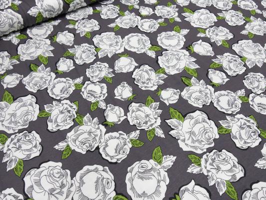 Stoff Viskose Jersey Blumen Rosen Design weiß taupé grün geblümt Kleiderstoff