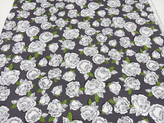 Stoff Viskose Jersey Blumen Rosen Design weiß taupé grün geblümt Kleiderstoff