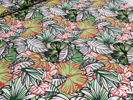 Stoff Viskose Jersey mit Blumen Blätter Design weiß grün rot grau schwarz Kleiderstoff