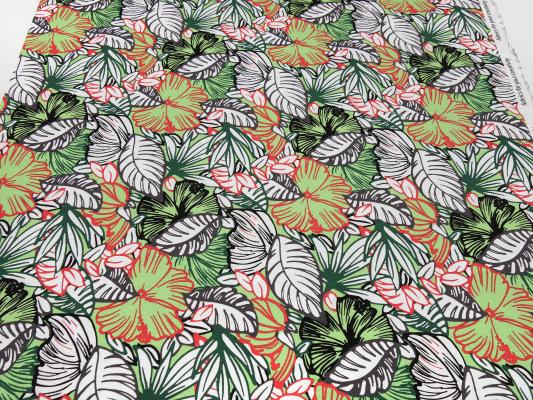 Stoff Viskose Jersey mit Blumen Blätter Design weiß grün rot grau schwarz Kleiderstoff