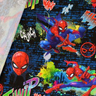 Stoff Baumwolle Jersey mit Spiderman Design blau rot schwarz weiß gelb grün bunt Kinderstoff Kleiderstoff Lizenzstoff