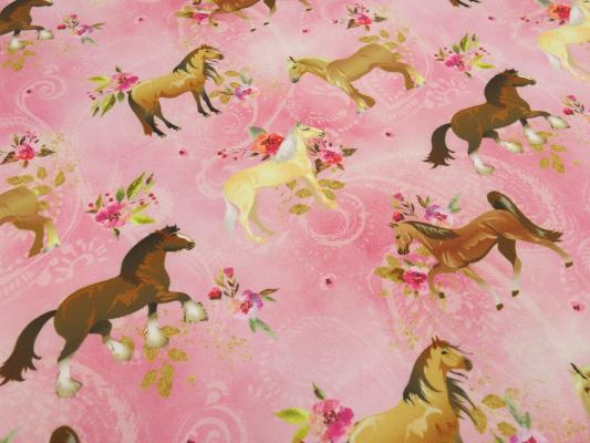 Stoff Softshell Stoff mit Pferde Pony Blumen Design rosa pink braun beige bunt wasserabweisend Outdoorstoff Jackenstoff Mantelstoff Kinderstoff