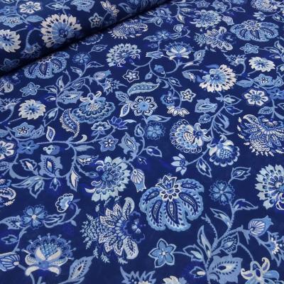 Stoff Yoryu Chiffon Crinkle Blumenmuster Design blau royalblau weiss Blusenstoff Kleiderstoff