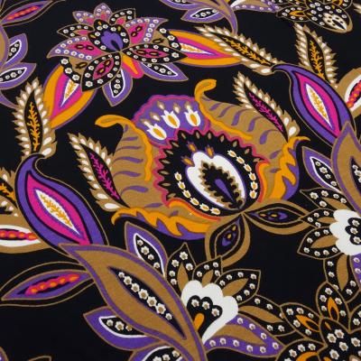 Fabric viscose jersey with floral pattern design black purple orange beige pink white dress fabric