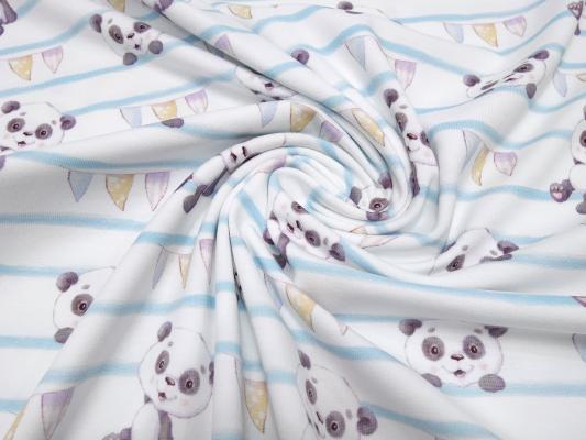 Stoff Baumwolle Jersey mit Panda Bär Streifen Design weiss blau schwarz bunt Kinderstoff Kleiderstoff