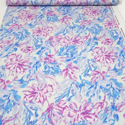 Stoff Baumwolle Satin Stretch Blumenmuster Design weiß blau pink rosa Kleiderstoff Hosenstoff Kostümstoff