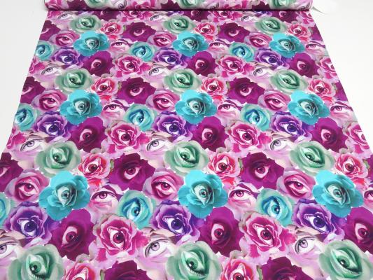 Stoff Baumwolle Jersey Rosen Blüten Augen Design pink rosa grün türkis weiß Kleiderstoff Kinderstoff