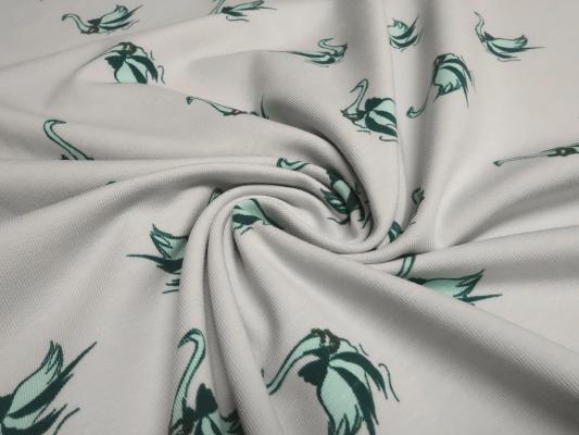Fabric cotton jersey swan birds gray mint green white dress fabric