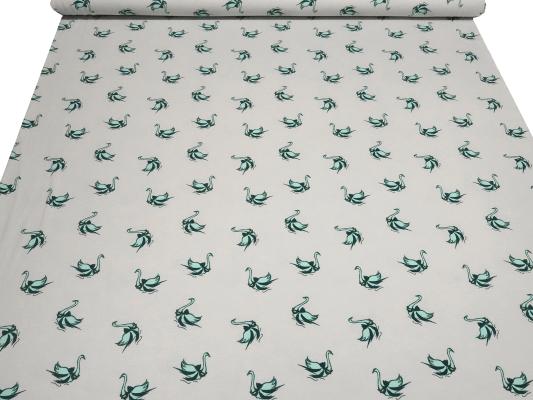 Fabric cotton jersey swan birds gray mint green white dress fabric