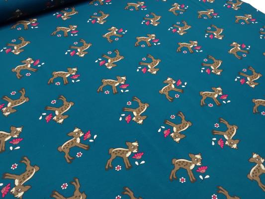 Fabric cotton jersey deer fawn flower design petrol brown red colorful children's fabric dress fabric