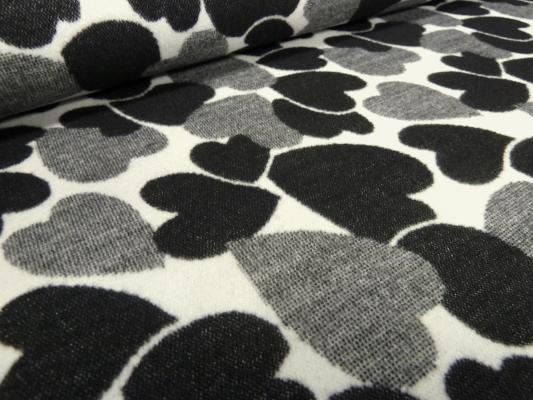 Stoff Jacquard Doubleface Herz Herzen Flausch schwarz grau wollweiß Kleiderstoff Mantelstoff​