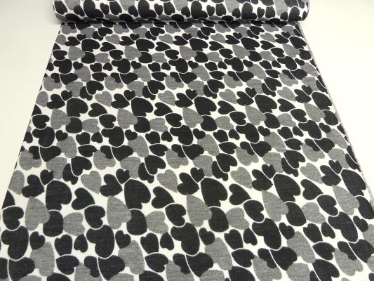 Stoff Jacquard Doubleface Herz Herzen Flausch schwarz grau wollweiß Kleiderstoff Mantelstoff​