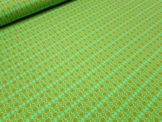 Stoff Baumwolle Jersey mit Herzen Pünktchen Design in grün kiwi oliv Kleiderstoff Kinderstoff