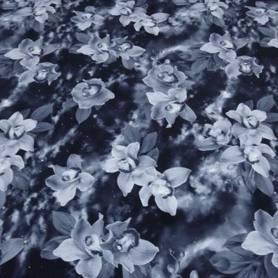 Stoff Baumwolle French Terry Sweatshirtstoff Blumen Blüten Himmel graublau blau schwarz weiß Kleiderstoff Kinderstoff