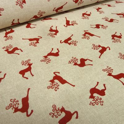 Stoff Baumwolle Dekostoff in Leinen Optik mit Hirsche Design natur beige rot Trachtenstoff Kleiderstoff
