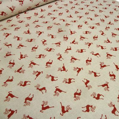 Stoff Baumwolle Dekostoff in Leinen Optik mit Hirsche Design natur beige rot Trachtenstoff Kleiderstoff