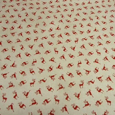 Stoff Baumwolle Dekostoff in Leinen Optik mit Hirsche Design natur beige rot Trachtenstoff Kleiderstoff