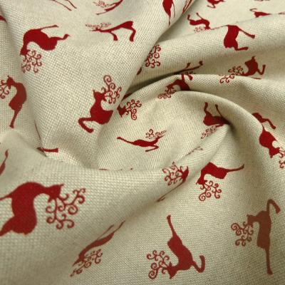 Stoff Baumwolle Dekostoff in Leinen Optik mit Hirsche Design natur beige rot Trachtenstoff Kleiderstoff