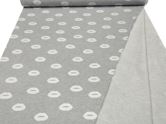 Stoff Sweatshirtstoff French Terry Glitzer Lips Lippen Design hellgrau melange weiß silber Kleiderstoff