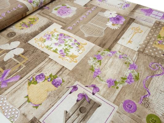 Stoff Dekostoff Taschenstoff Tischdeckenstoff Patchwork Holz Blumen Herzen Design braun beige flieder grün bunt