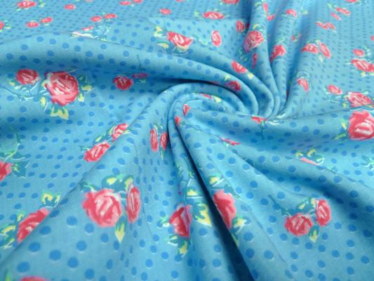 Fabric cotton jersey flowers roses dots design turquoise blue pink red green colorful dress fabric children's fabric