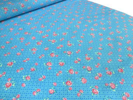 Fabric cotton jersey flowers roses dots design turquoise blue pink red green colorful dress fabric children's fabric