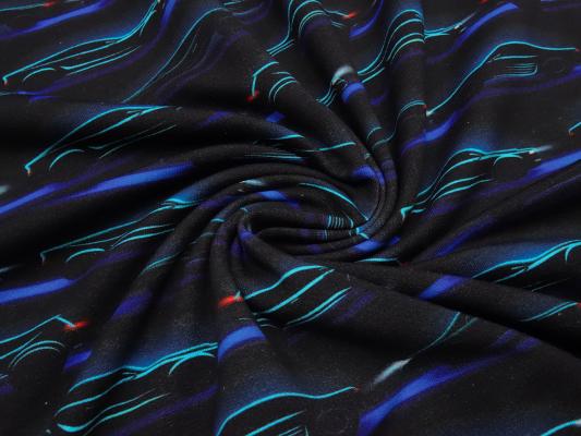 Stoff Baumwolle French Terry Sweatshirtstoff Autos Sportwagen Dreamcars Design schwarz blau türkis bunt Kinderstoff Kleiderstoff