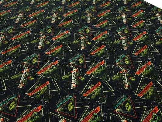 Stoff Baumwolle French Terry Sweatshirtstoff mit Dino Dinosaurier Design schwarz grün rot bunt Kinderstoff Kleiderstoff