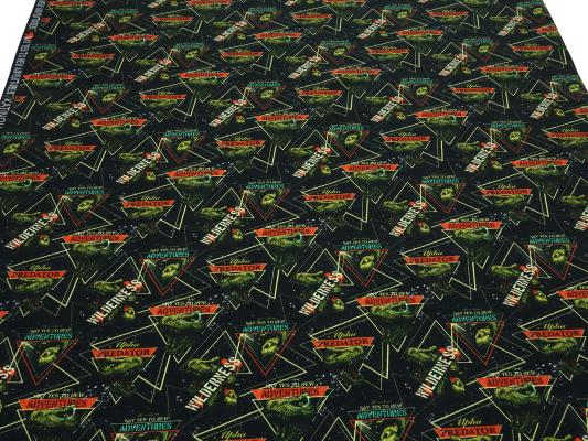 Stoff Baumwolle French Terry Sweatshirtstoff mit Dino Dinosaurier Design schwarz grün rot bunt Kinderstoff Kleiderstoff