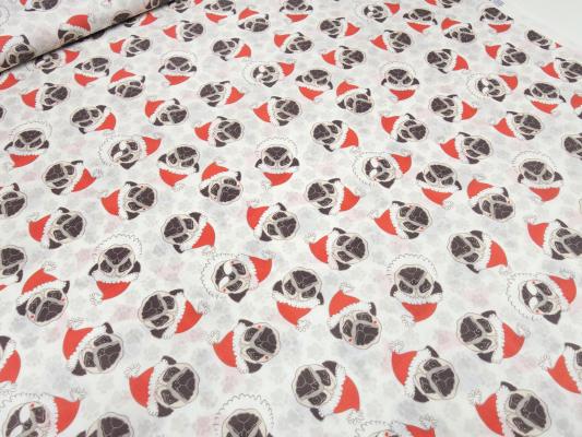 Stoff Baumwolle Popeline mit Xmas Weihnachts Möpse Bulldogge Hunde Design ecrú rot beige schwarz Kleiderstoff Blusenstoff Dekostoff