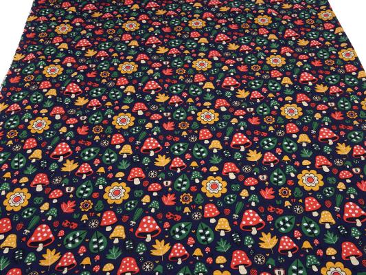Fabric sweatshirt fabric with alpine fleece off side with mushrooms toadstool flowers design blue red green orange colorful children's fabric clothing fabric hoodie fabric
