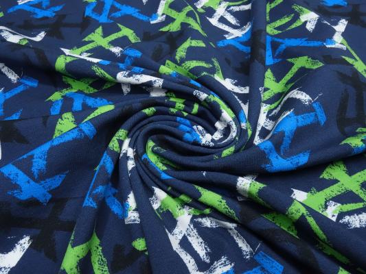 Fabric cotton jersey graphic geometric pattern blue green black white children's fabric dress fabric