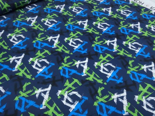 Fabric cotton jersey graphic geometric pattern blue green black white children's fabric dress fabric