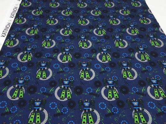Fabric cotton jersey Robots robots design blue green gray colorful children's fabric dress fabric